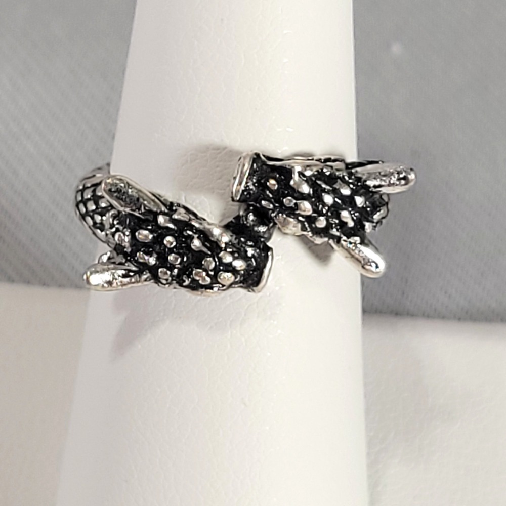 Gothic Two Headed Dragon Ring Unisex Size 7 Silver Tone Scaled Wrap Bypass